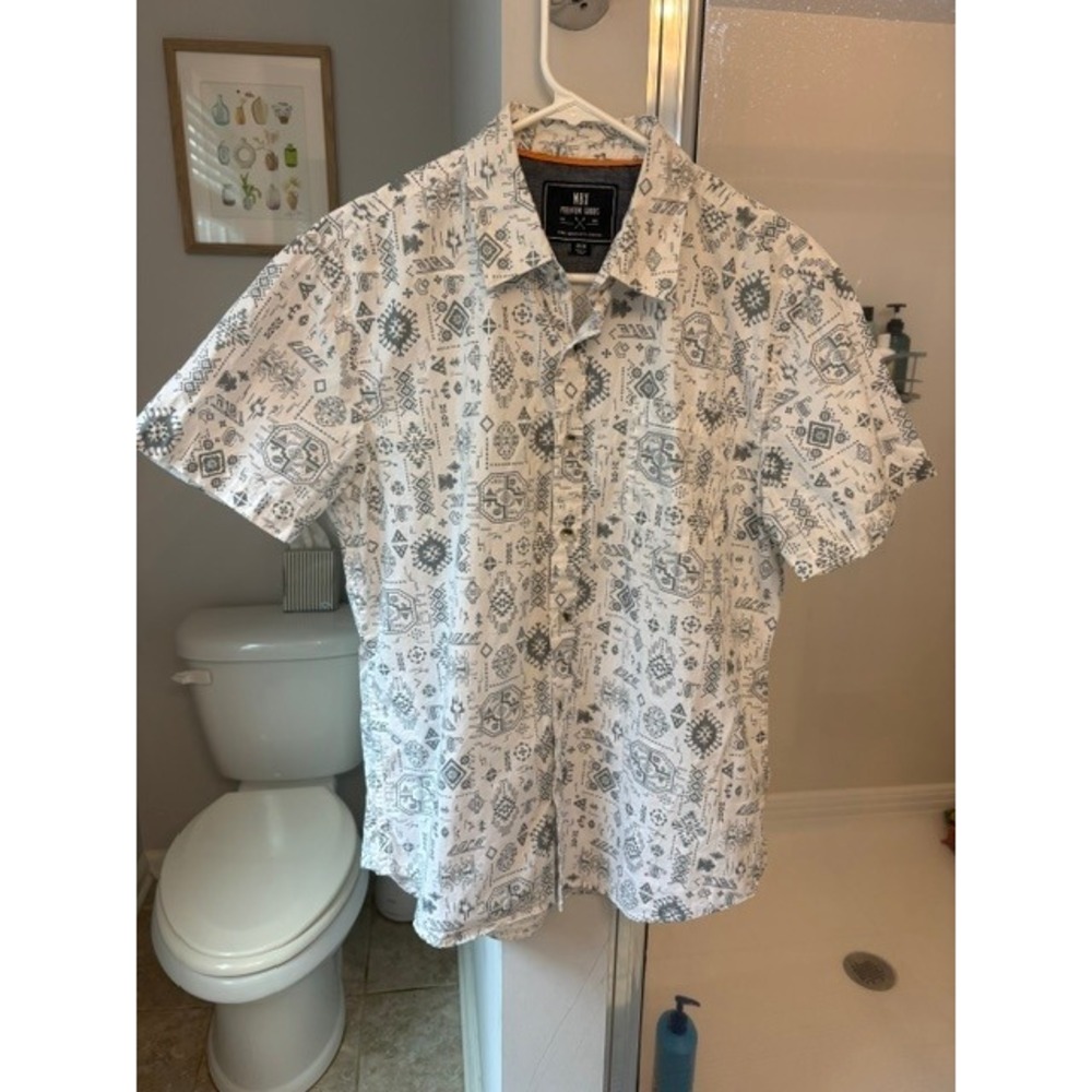 MBX Premium Goods Mens White Grey Tribal Geometric Cotton Short Sleeve Shirt M